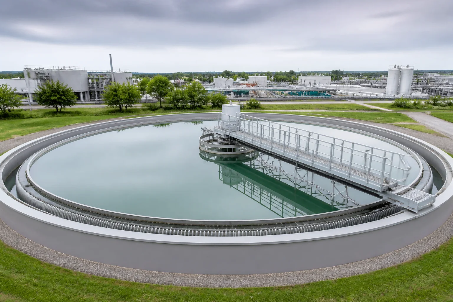 Circular industrial water clarifier with bridge, center drive and clean overflow launder