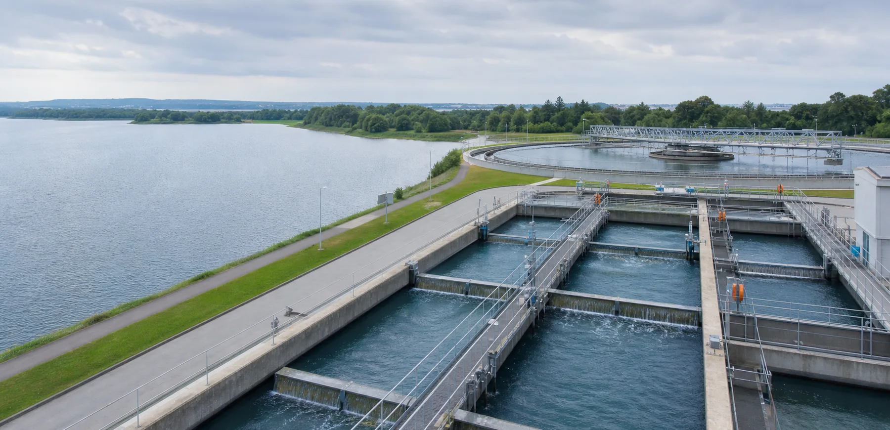 Raw-water treatment plant with flocculation basins and a circular clarifier beside a reservoir