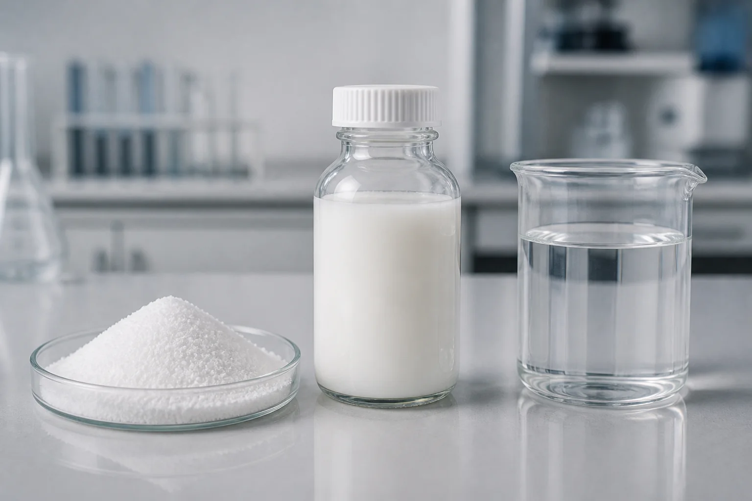 White powder, polymer emulsion and prepared water treatment flocculant solution on a laboratory bench
