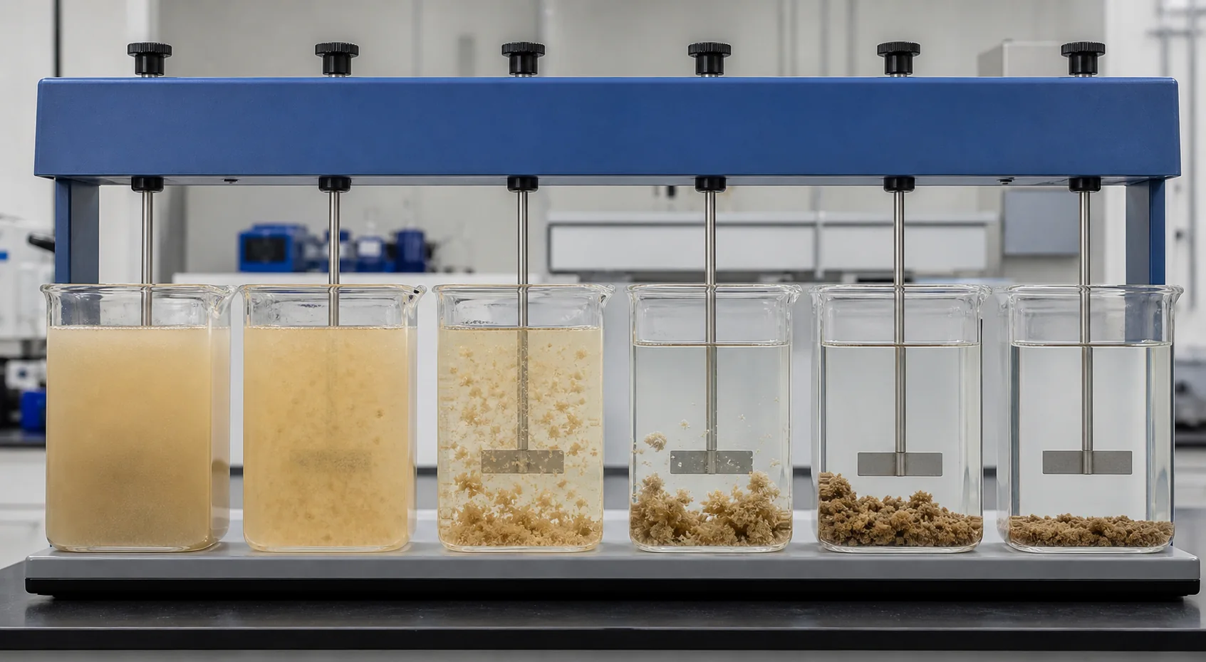 Six-beaker water treatment jar test progressing from turbid water to settled floc and clear supernatant